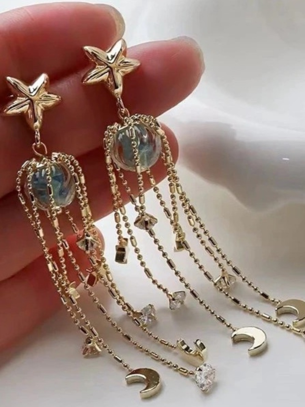 Gold Star Chain Drop Earrings